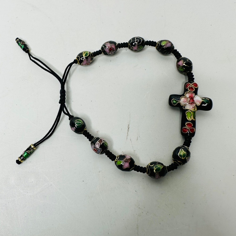 Vintage Cloisonne Enamel Cross Bead Bracelet Black Floral Adjustable Cord